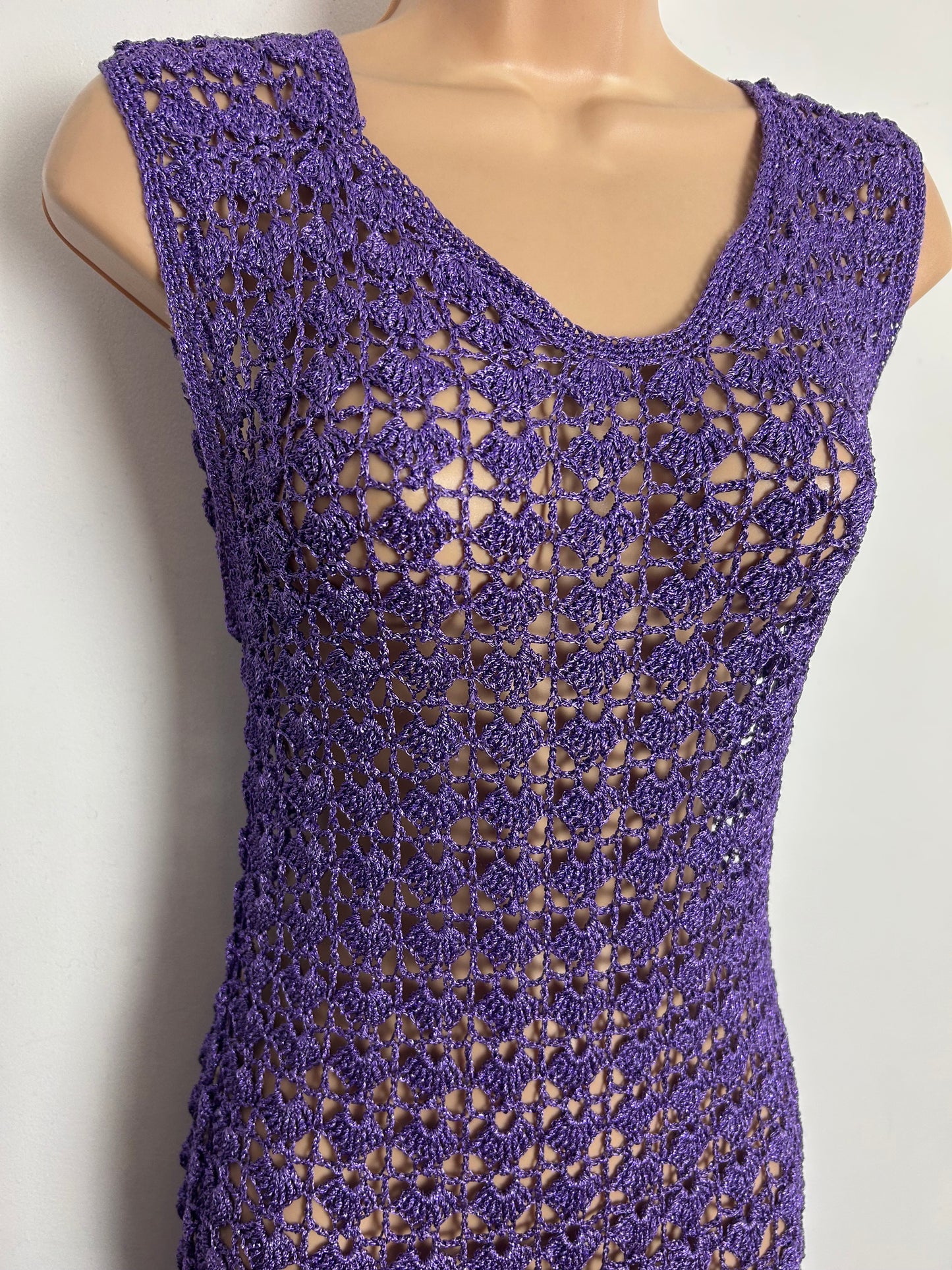 Vintage 1980s Size 12-14 Purple Glitter Crochet Sleeveless Party Occasion Midi Dress