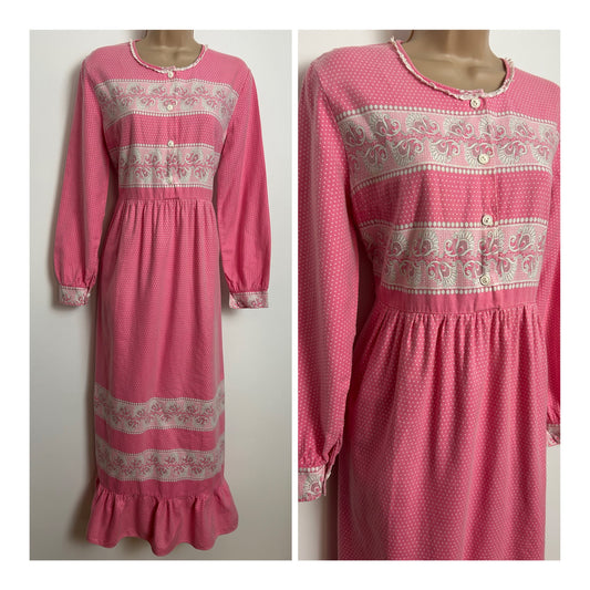 Vintage 1970s Size 12-14 Pink & White Polka Dot Print Long Sleeve Cotton Maxi Nightdress