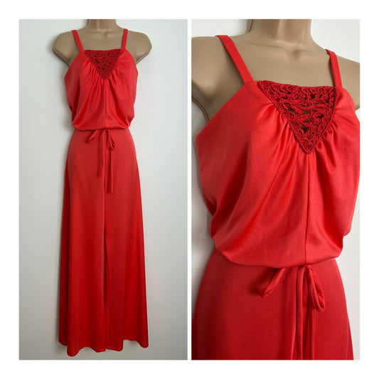 Vintage Late 1970s Size 6 Tangerine Orange Crochet Lace Panel Belted Wide Leg Jumpsuit