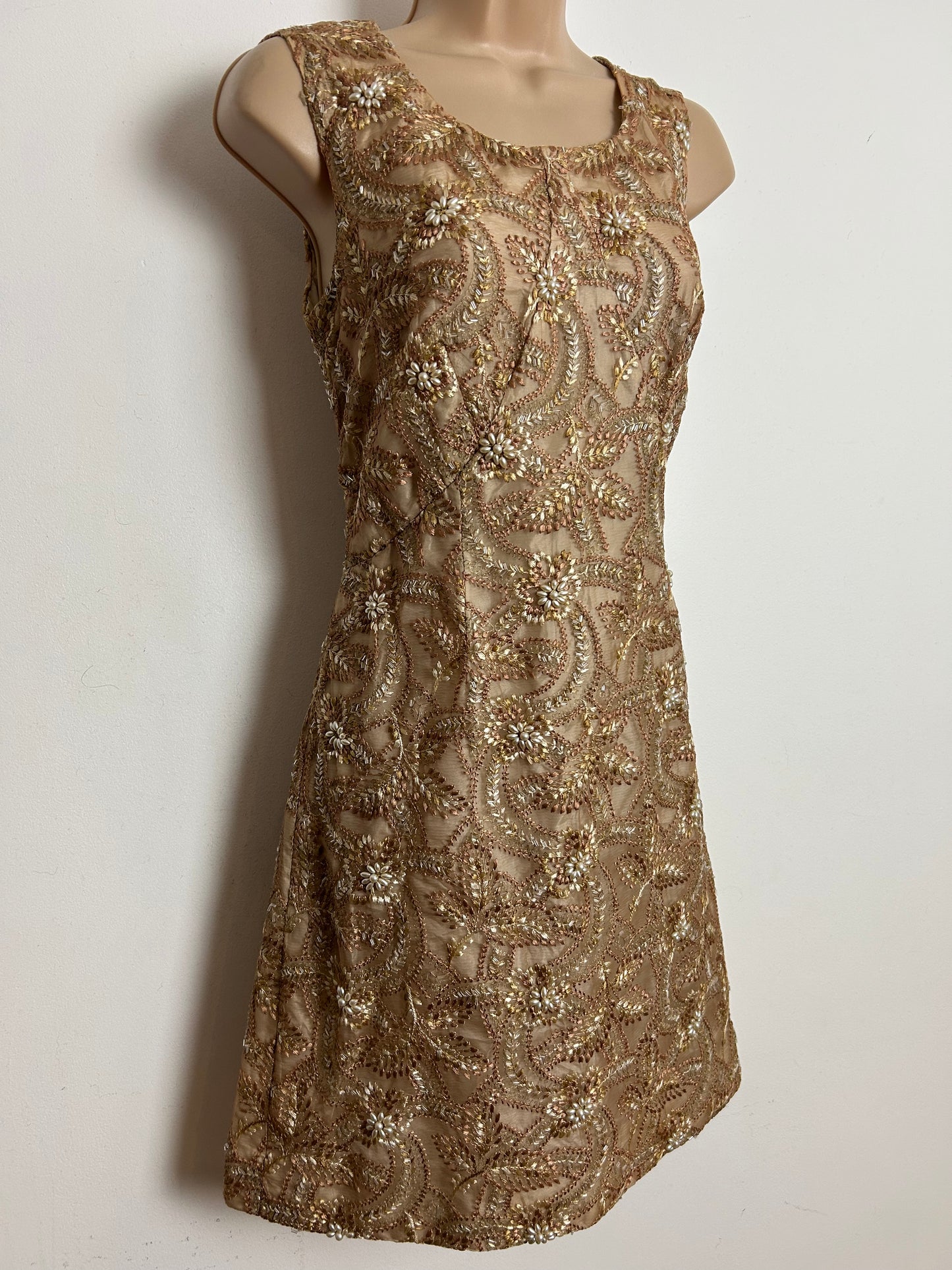 Vintage 1960s Size 6-8 Beige Silver & Gold Embroidered Bead Detail Evening Party Dress