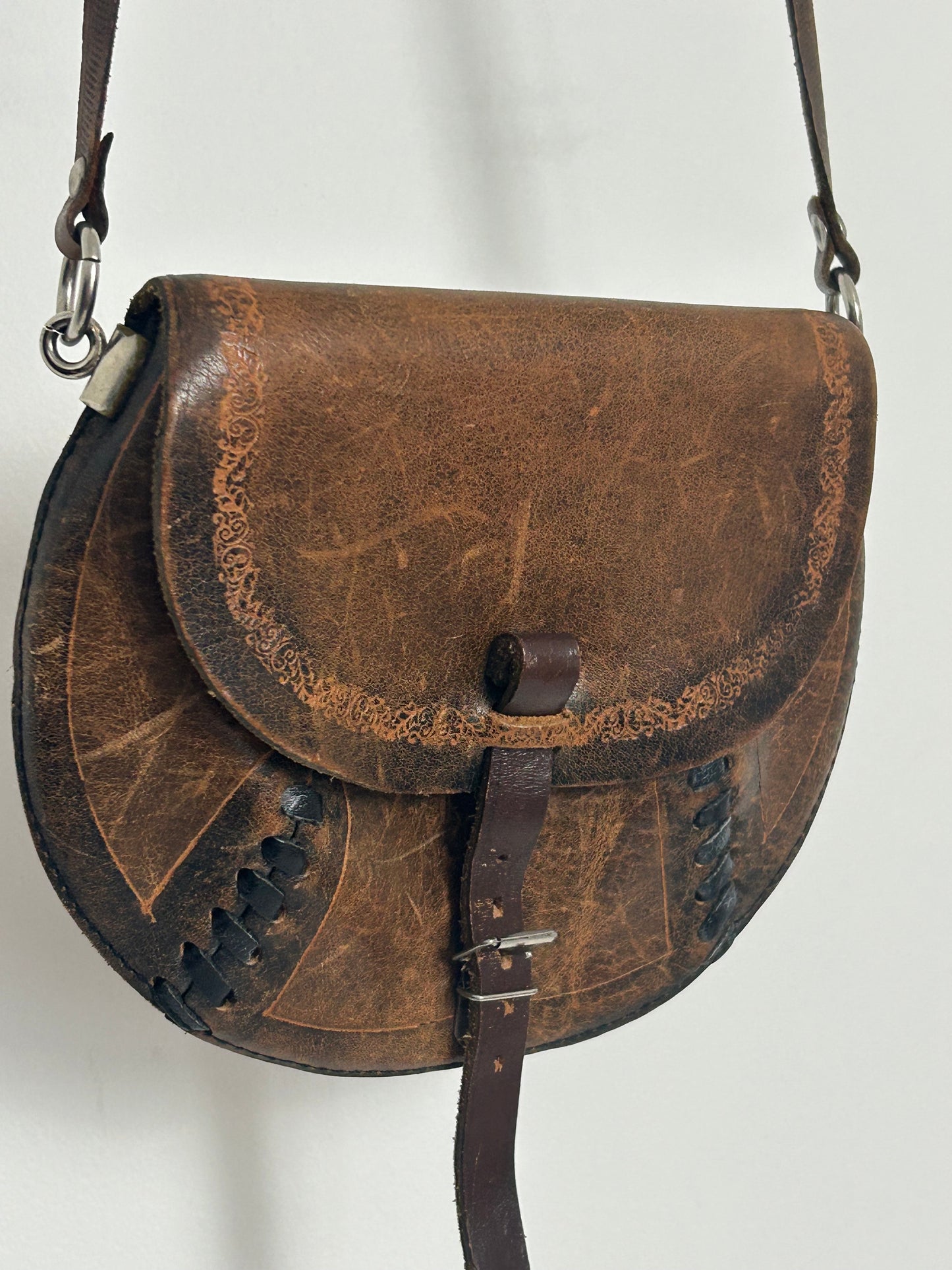Vintage 1980s Small Handmade Distressed Western Style Crossbody Leather Saddle Bag