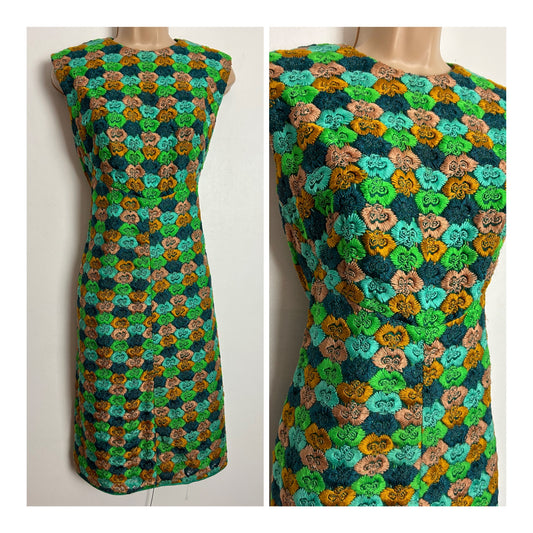 Vintage 1960s IRENE HAGMANN UK Size 12 Green Teal & Orange Floral Wool Embroidered Mod Shift Dress