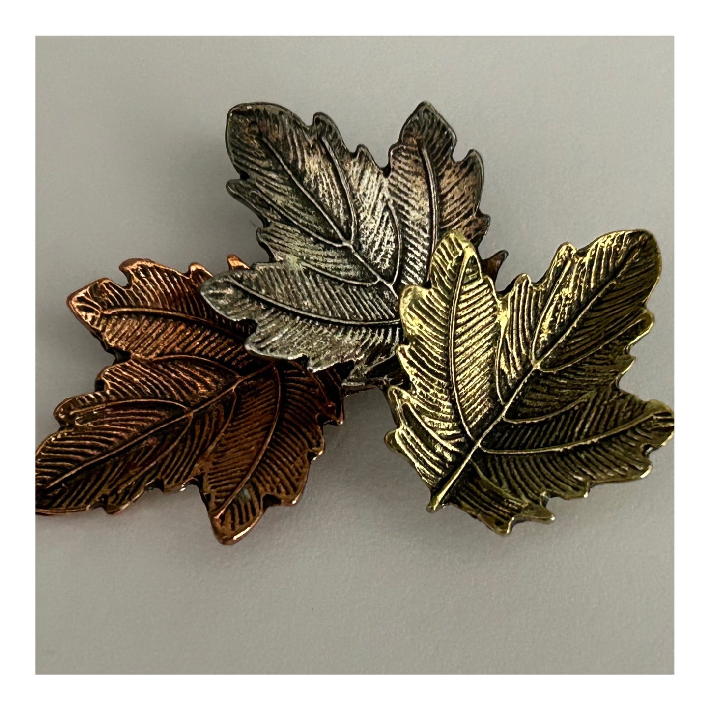 Vintage Autumnal Tri-Colour Trio Of Leaves Pin Brooch