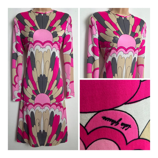 Vintage 1960s 70s Collectable Rare COLIN GLASCOE Size 12-14 Pink Grey Beige & White Psychedelic Print Ban-Lon Jersey Shift Dress
