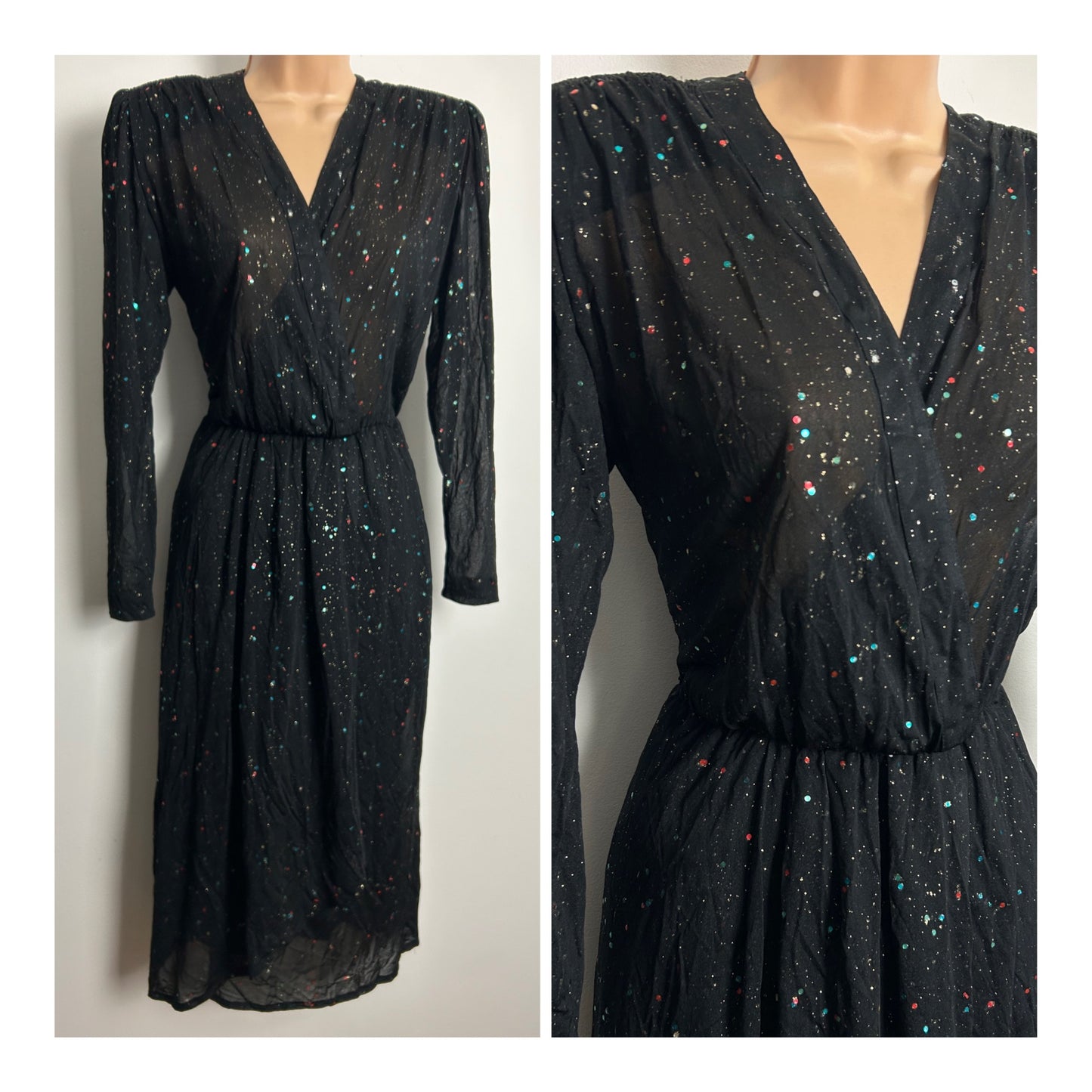 Vintage 1980s Size 10-12 Black Gold Glitter & Sequin Detail Midi Party Dress