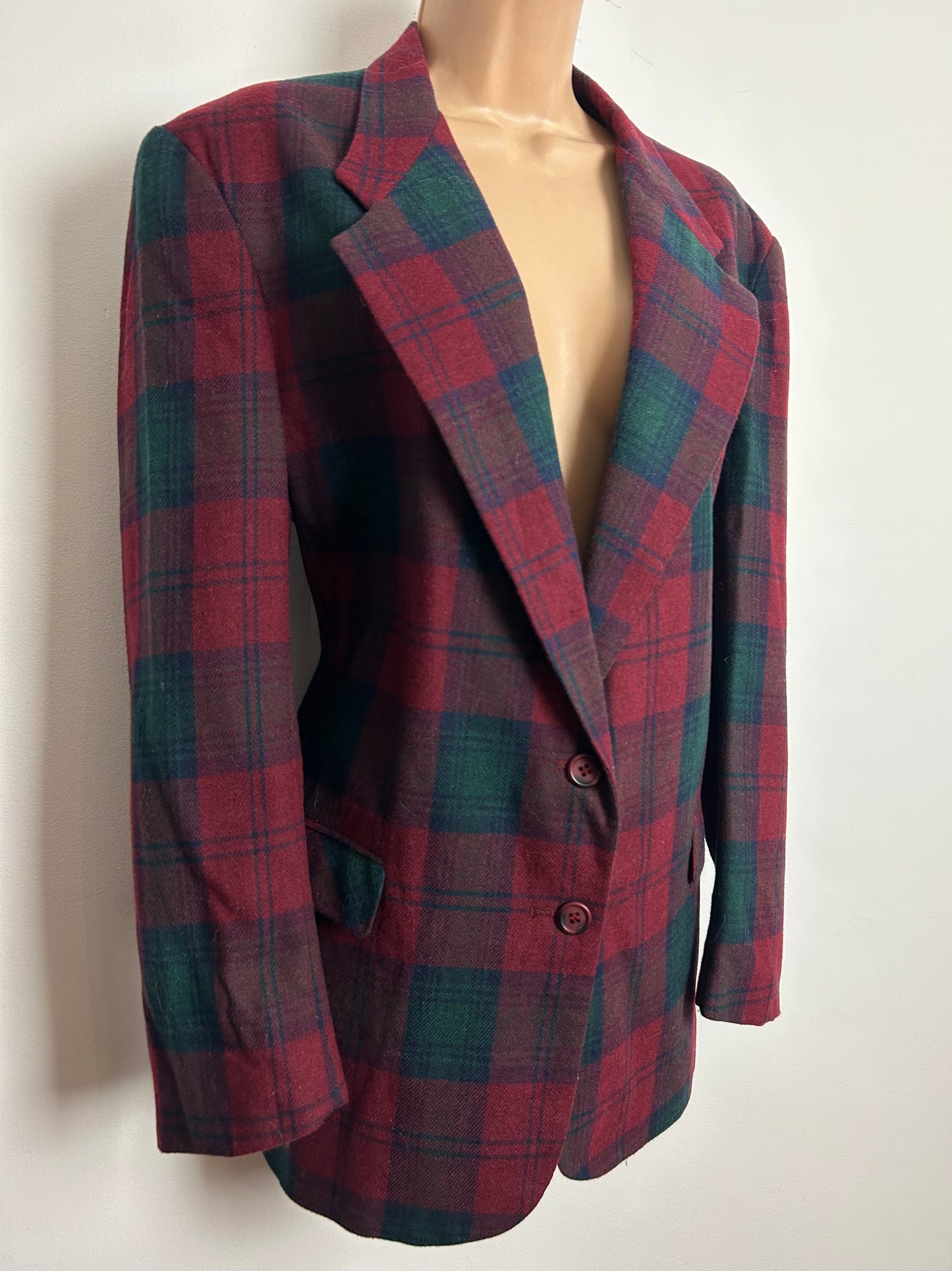Vintage 1980s Size 14-16 Dark Red & Green Tartan Check Wool Mix Blazer