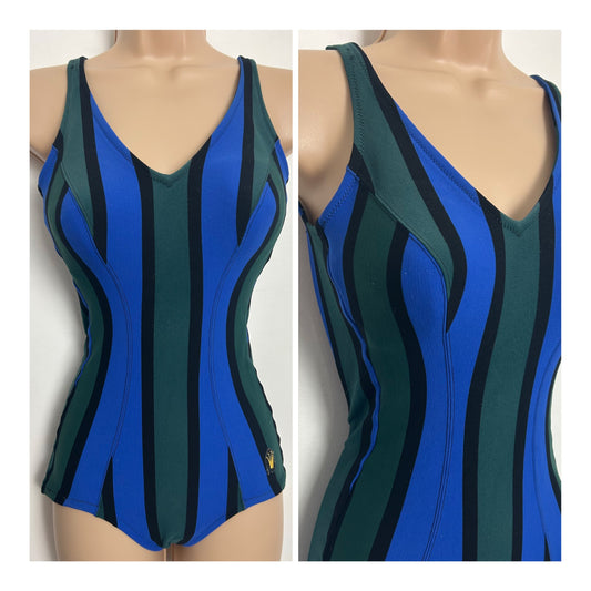 Vintage 1960s TRIUMPH Size 8 Blue & Green Stripe Print Moulded Cup Swimsuit