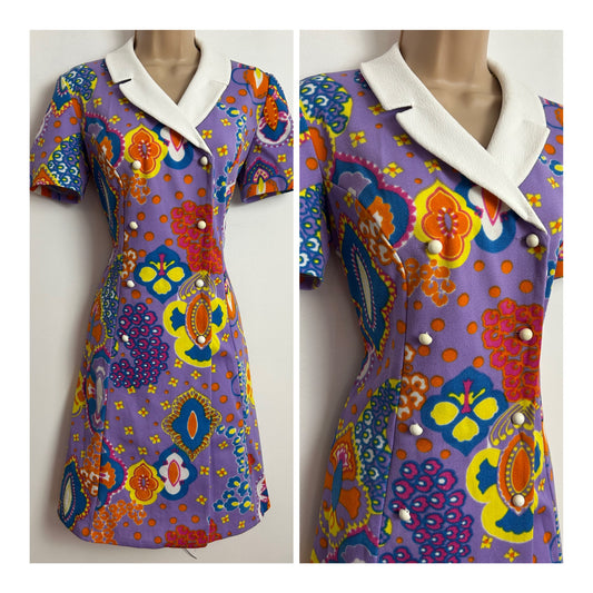 Vintage 1960s Size 12 Lilac Orange Blue & Yellow Psychedelic Floral Print Double Breasted Crimplene Mod Shift Dress.