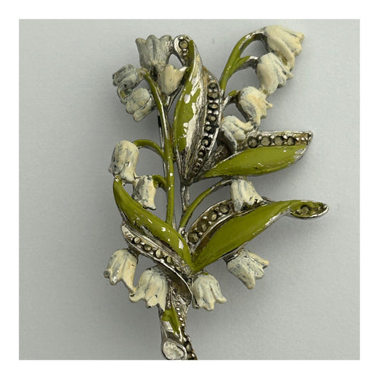 Vintage Beautiful Silver Tone Enamel Snowdrop Marcasite Pin Brooch