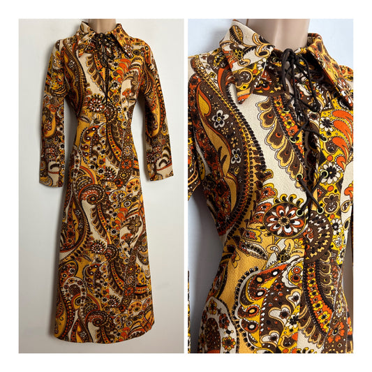 Vintage 1970s UK Size 10-12 Brown Orange & Mustard Floral & Paisley Print Collared Lace Up Bodice Maxi Dress
