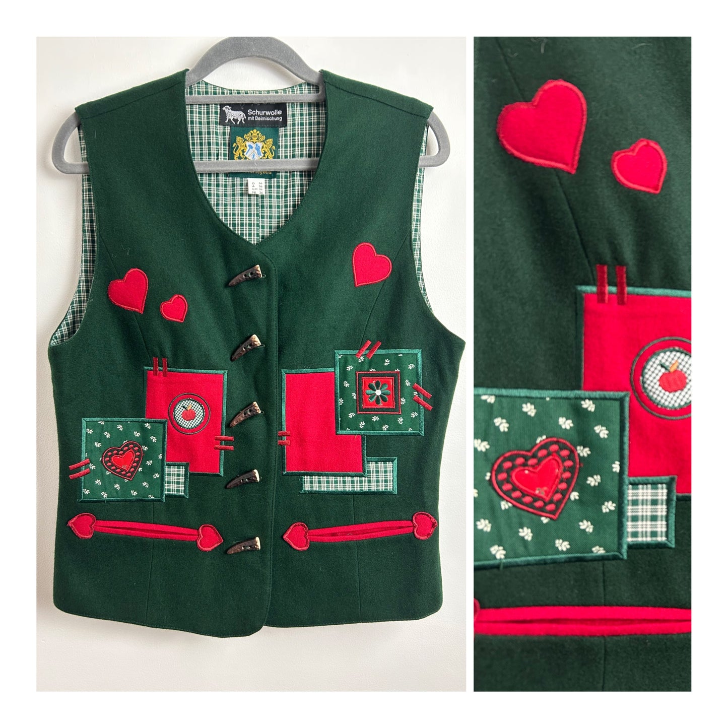 Vintage HAMMERSCHMID Size 10 Wool Mix Dark Green & Red Embroidered Heart Applique Detail  Austrian Tyrol Waistcoat