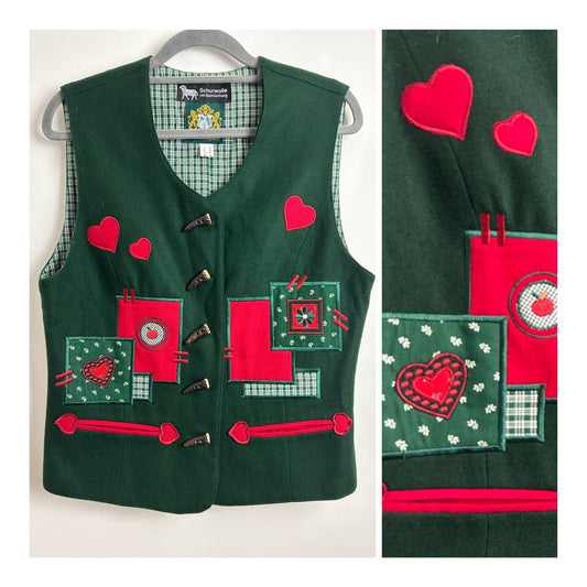 Vintage HAMMERSCHMID Size 10 Wool Mix Dark Green & Red Embroidered Heart Applique Detail  Austrian Tyrol Waistcoat