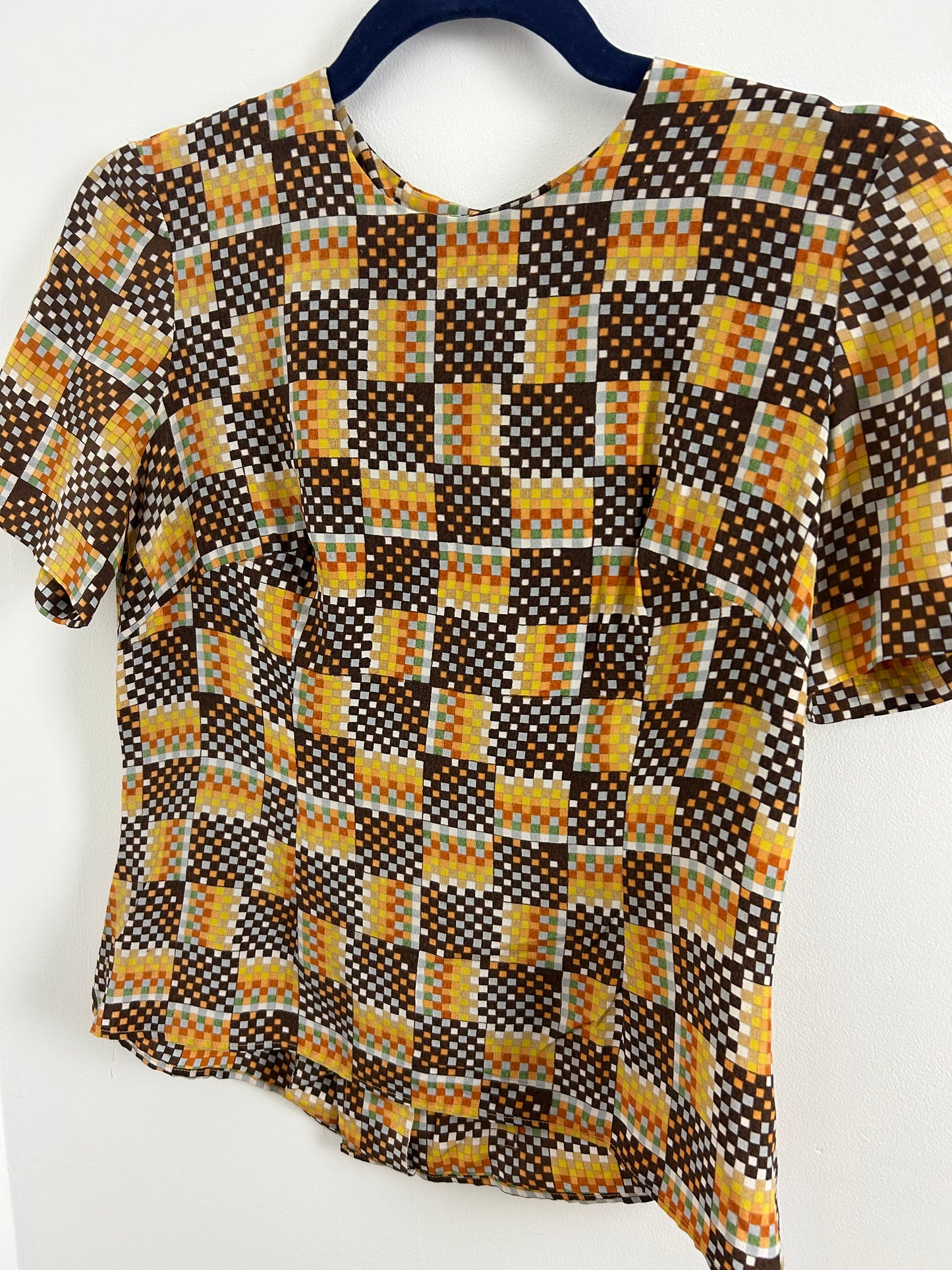 Vintage 1970s Size 10 Brown Mustard Rust Mix Square Grid Print Silk Button Back Blouse/Top