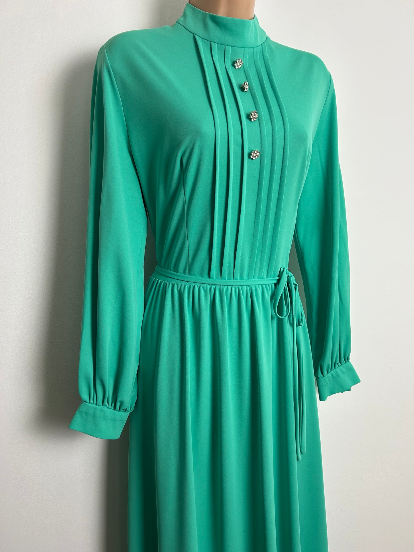 Vintage 1970s Size 14 Mint Green Diamante Buttons Long Sleeve Belted Occasion Maxi Dress