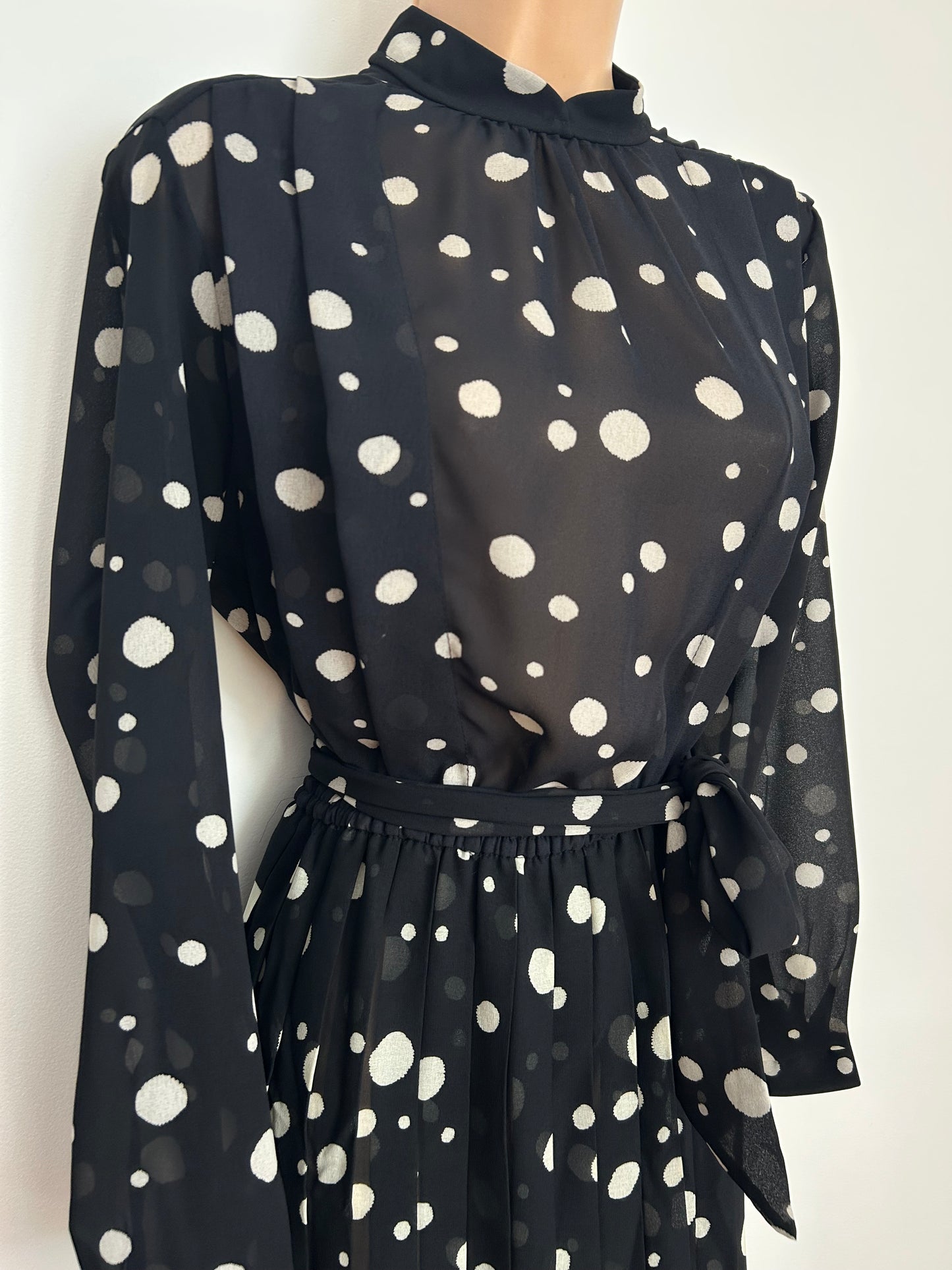 Vintage Early 1980s ST MICHAEL Size 12 Black & White Polka Dot Spot Print Belted Pleated Dress