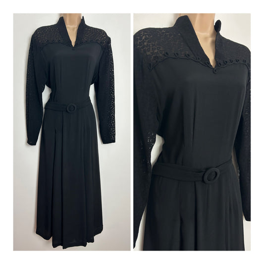 Vintage 1940s Size 14 Black Rayon Burn Out/Devore Long Sleeve Belted WW2 Era Tea Dress