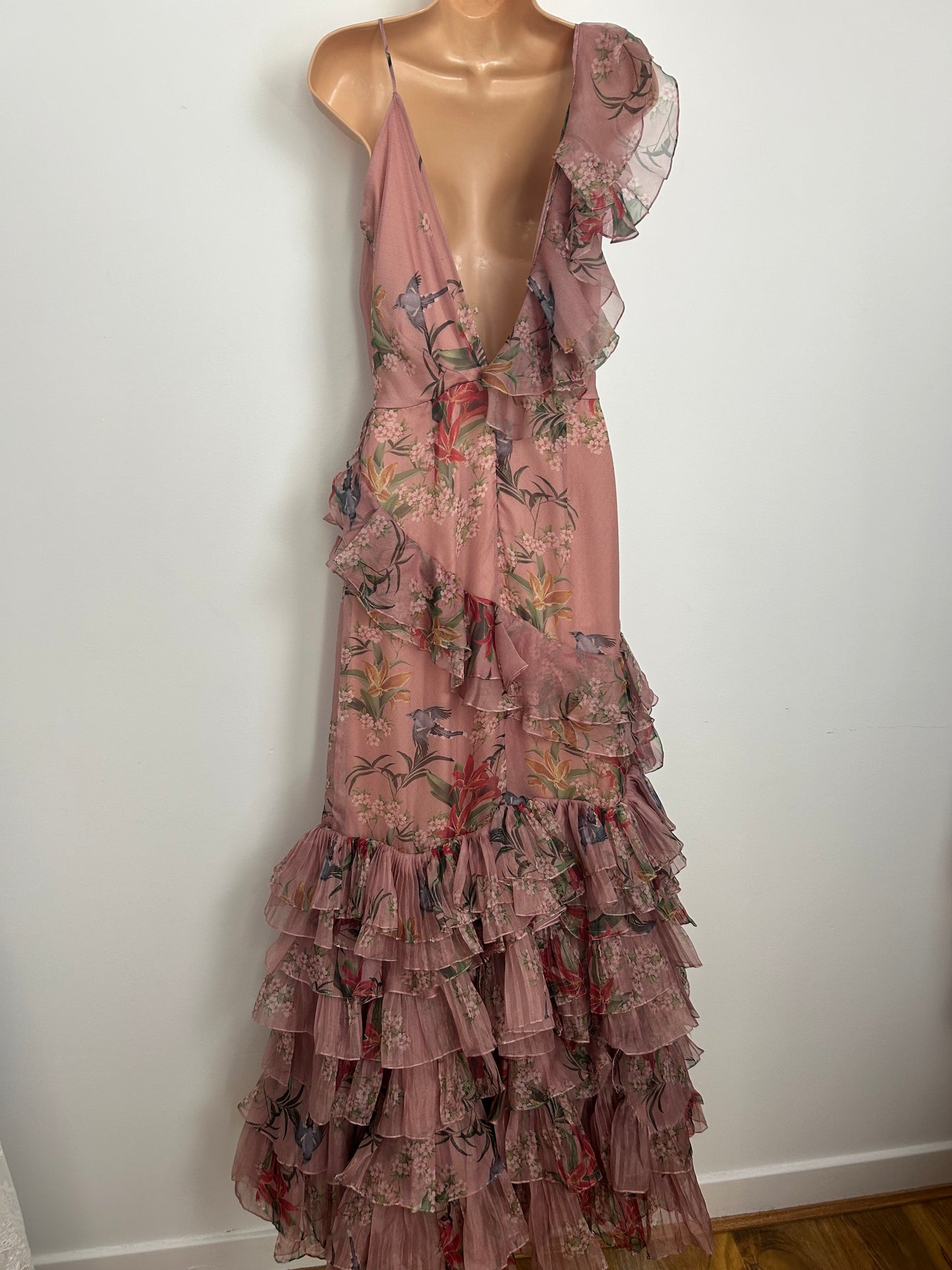 Designer JOHANNE ORTIZ Size 10 (US 6) Pale Pink Floral & Bird Print 100% Silk Ruffle Trim "The Place Of Silent Dress Occasion Maxi Dress