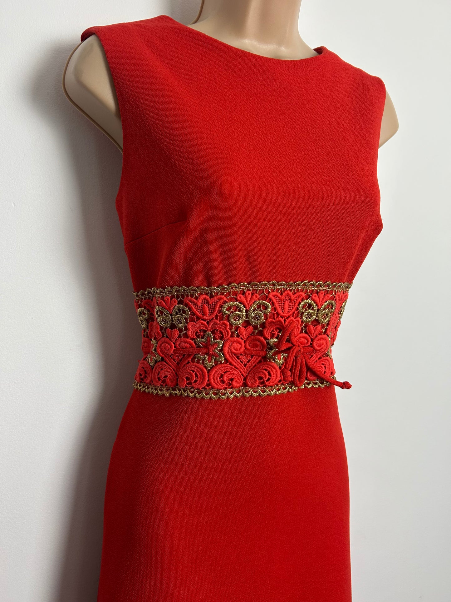 Vintage 1960s EMILIANA Size 10 Red & Gold Crimplene Lace Waist Panel Occasion Evening Maxi Dress
