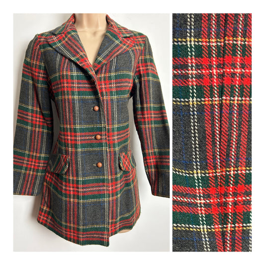 Vintage 1970s Size 8 Red Grey & Green Tartan Check Wool Mix Blazer