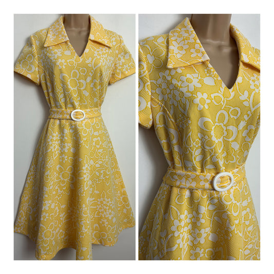 Vintage 1960s Size 10 Yellow & White Floral & Stripe Print Fit & Flare Belted Mod Dress