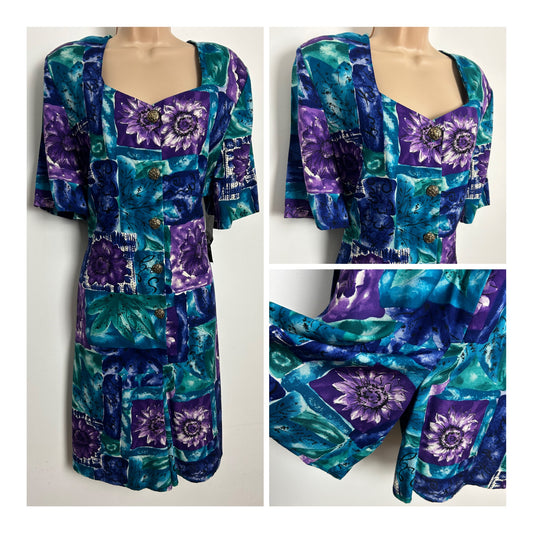 Vintage 1980s Deadstock MICHELE LESLIE Size Large (14-16) Blue Green & Purple Floral Playsuit
