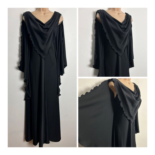 Vintage 1970s SIMON ELLIS UK Size 12 Black Sleeveless Cape Back Occasion Evening Maxi Dress