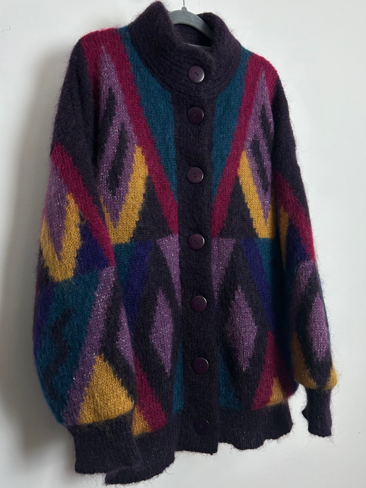 Vintage 1980s YOUR SIXTH SENSE Size XL Oversized Purple Pink Green & Mustard Mohair Mix Chunky Coatigan