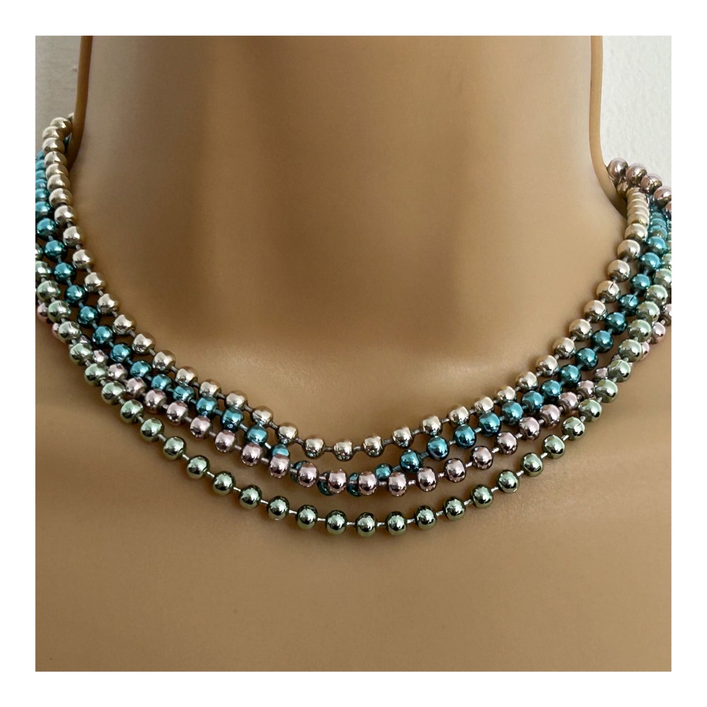 Vintage 1960s Pastel Colour Metal Bead Four Strand Choker Style Necklace