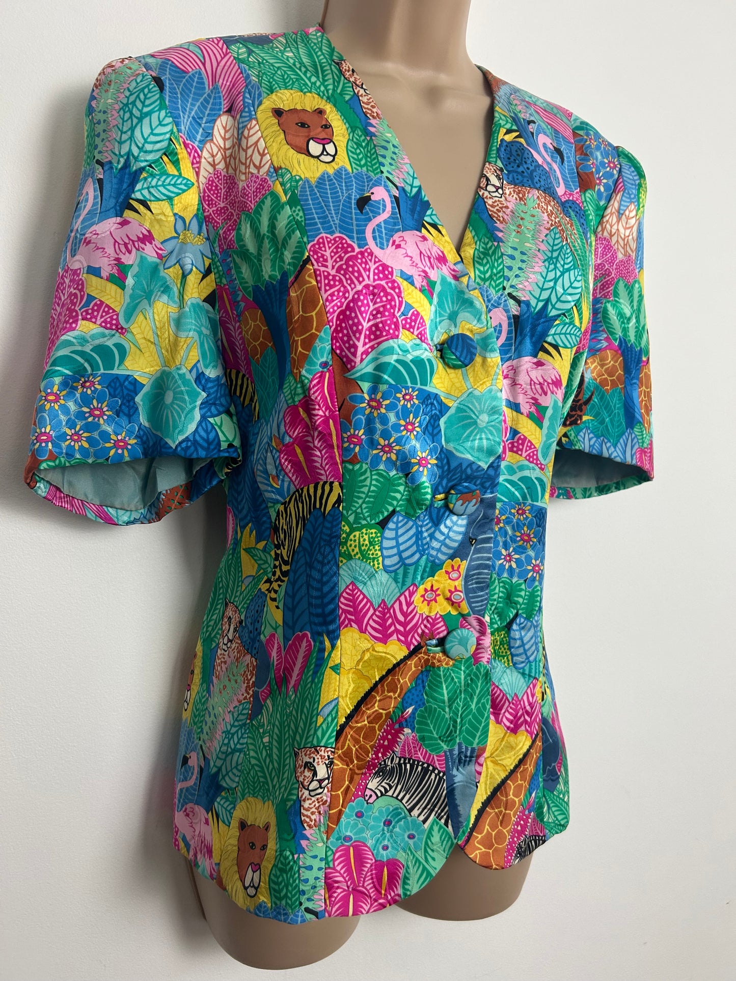 Vintage 1980s DONALD CAMPBELL Size 14 Blue Pink Green Yellow Flamingo Leopard & Lion Print Jungle Print
