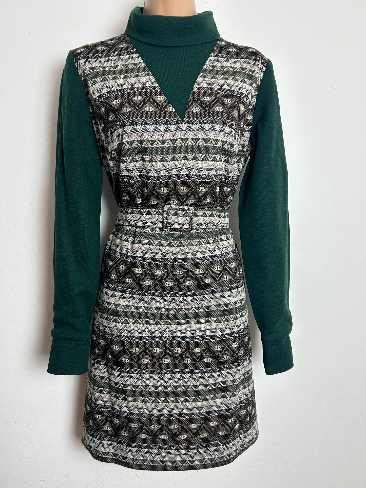 Vintage 1960s BICKLER Size 12-14 Dark Green & Beige Abstract Geo Print Jersey Long Sleeve Belted Mod Day Dress