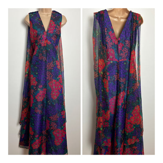 Vintage 1970s CALIFORNIA "THE LOOK YOU LOVE" Size 14 Dark Red Purple & Green Floral Print Shoulder Train Occasion Maxi Dress