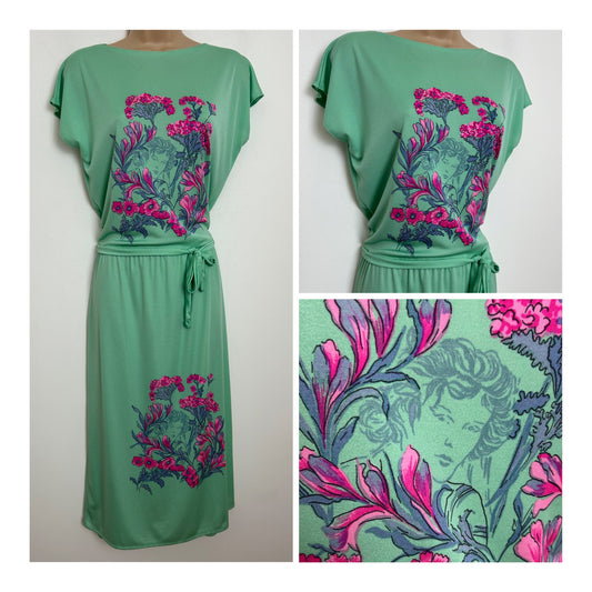 Vintage 1980s Size 12 Mint Green & Pink Floral & Lady's Face Novelty Print Short Sleeve Belted Day Dress