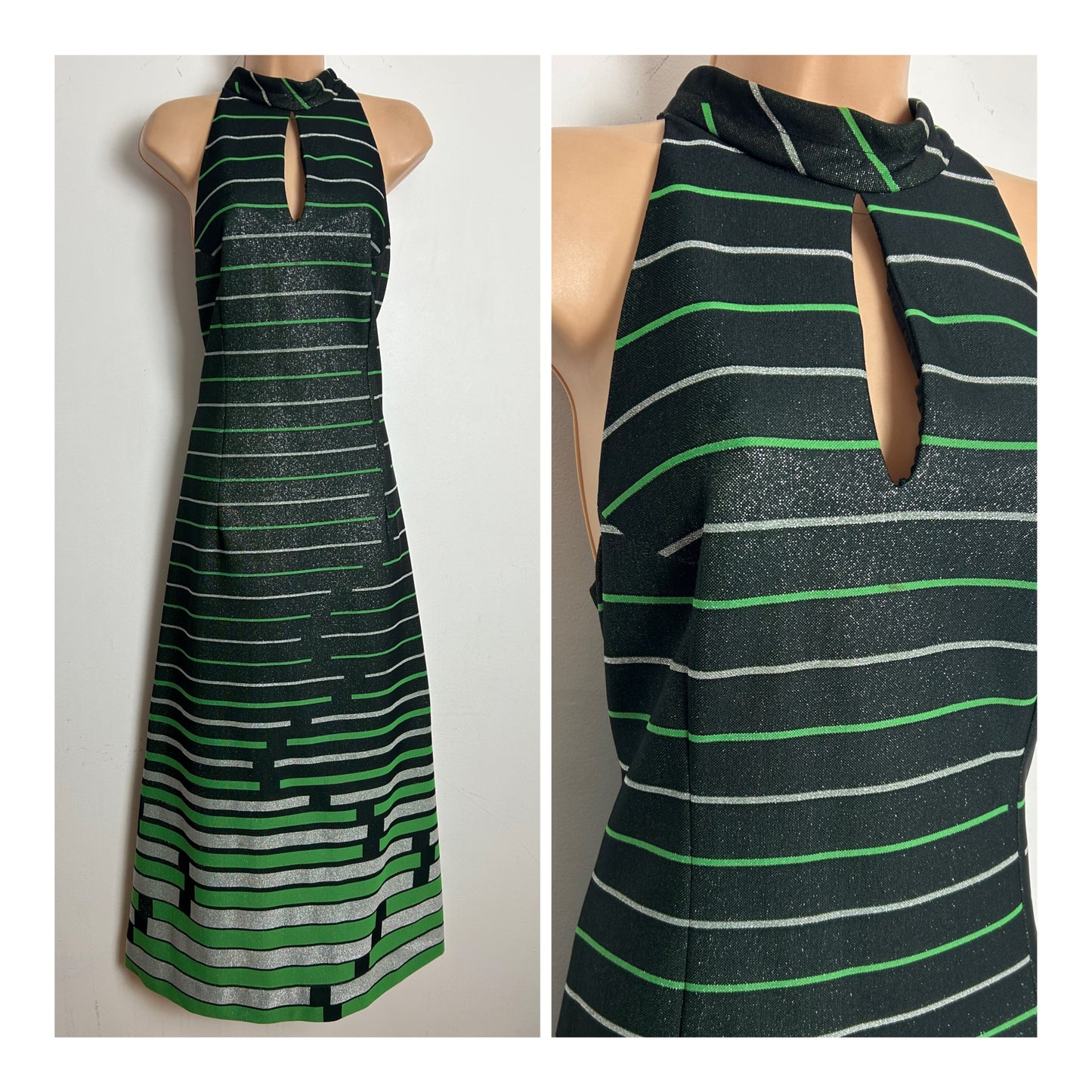 Vintage 1970s LEROSE Size 12 Black Silver & Green Stripe Keyhole Lurex Sleeveless Occasion Maxi Dress