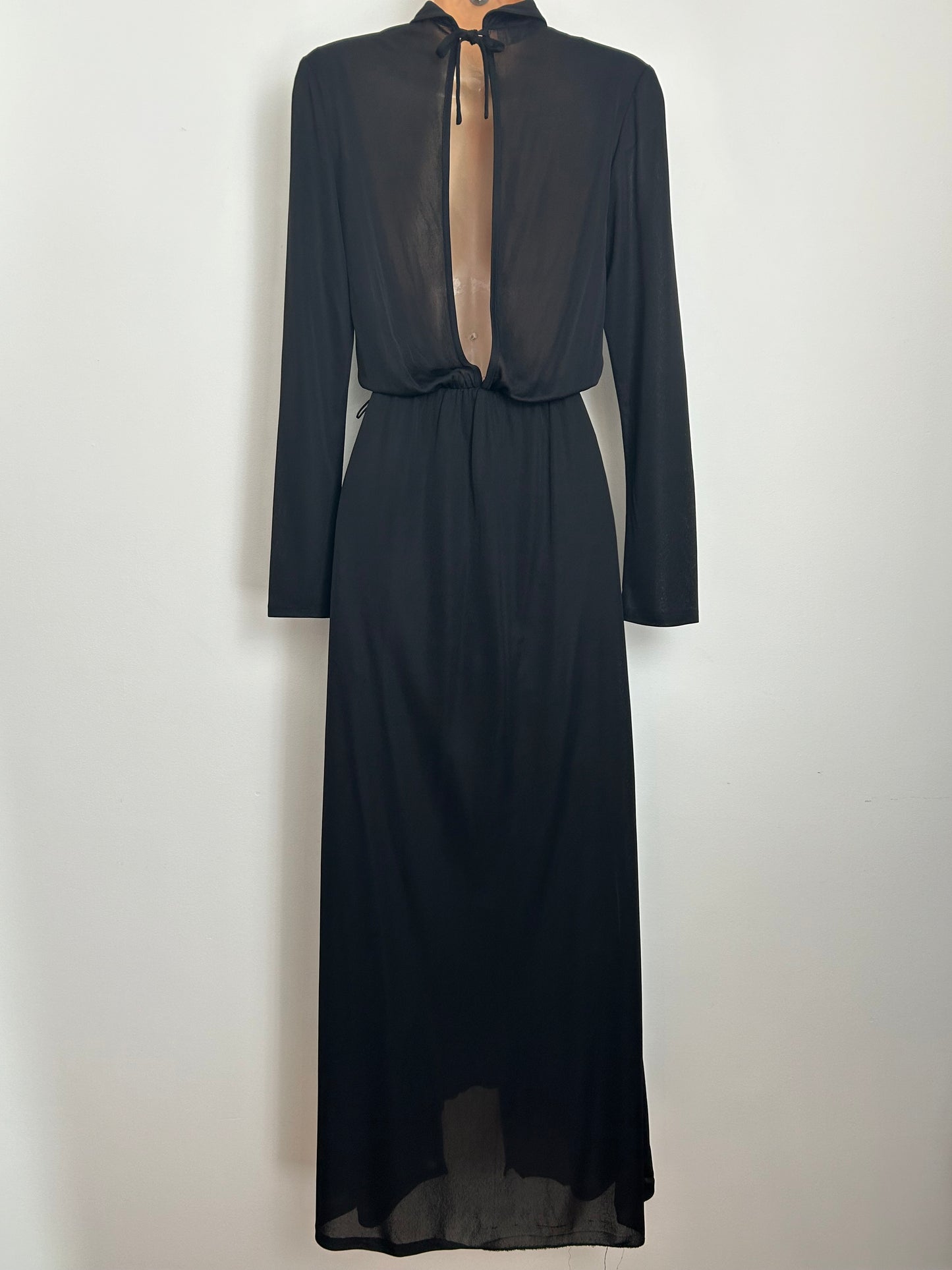 Vintage Late 1970s MARIA KROLL Size 8-10 Black Long Sleeve Silver Sequin Butterfly Detail Evening Dress