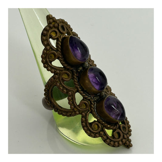Vintage Mixed Metal Dark Gold Purple Stone Set Long Filigree Ring Size R