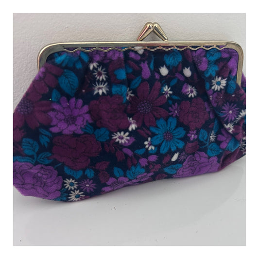 Vintage 1960s Cute Black Purple & Teal Floral Print Small Velour Purse