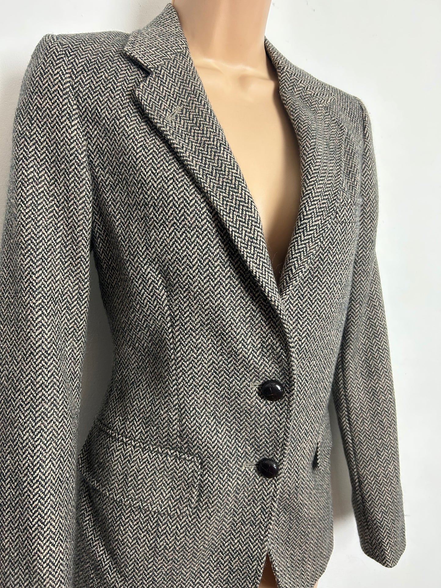 Vintage 1980s HASPEL Size 8 Traditional Wool Teed Herringbone Fully Lined Blazer