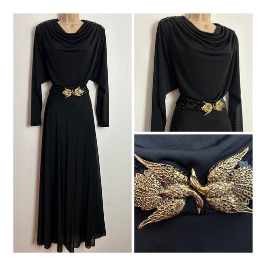 Vintage Early 1980s FINK UK Size 10-12 Black Sequin Detail Cowl Neck Belted Occasion Evening Maxi Dress With Fab Bird Buckle