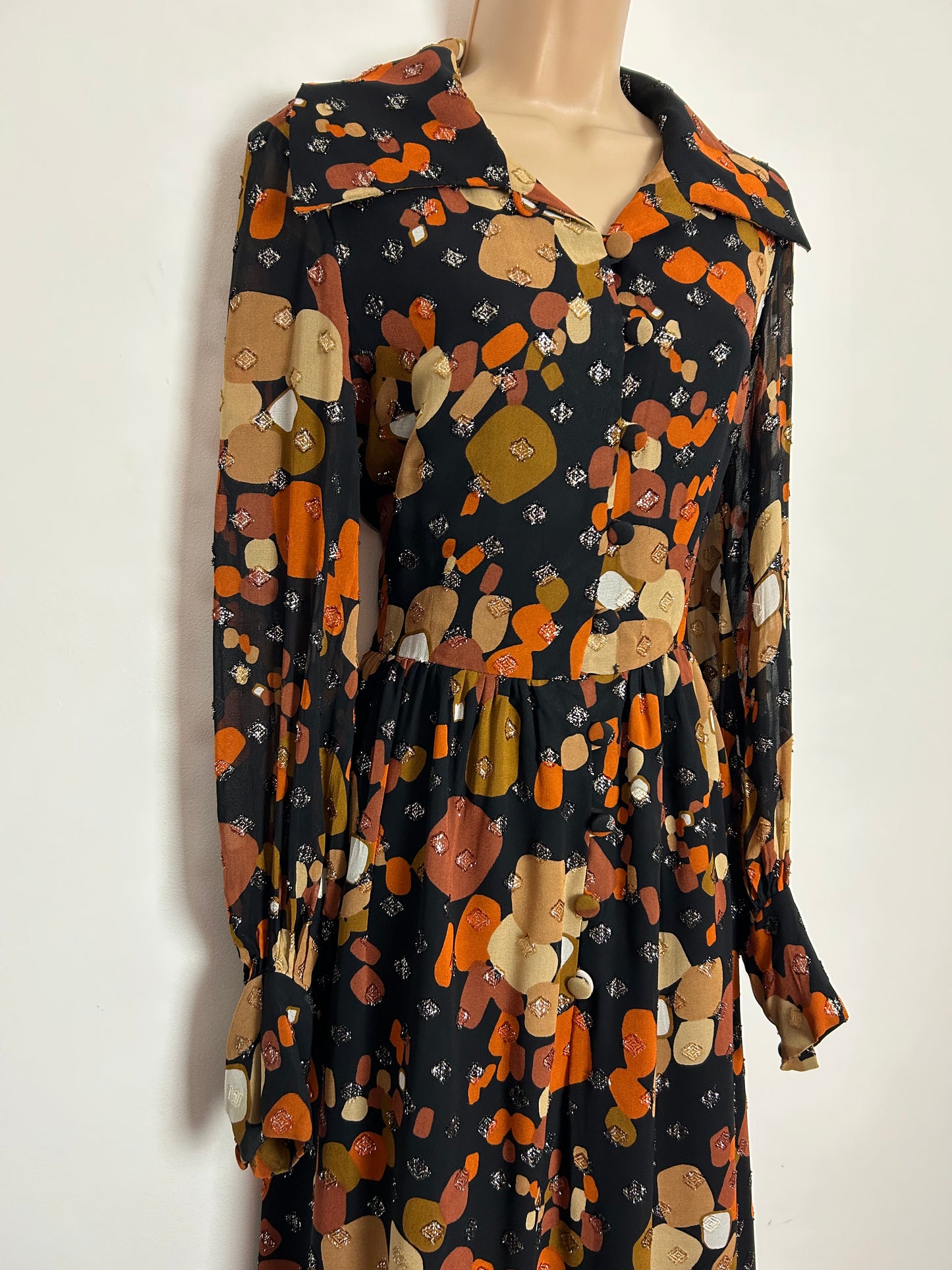 Vintage 1970s ROGAIRE UK Size 12 Black Rust Brown Beige & Gold Abstract Print Long Sleeve Occasion Dress