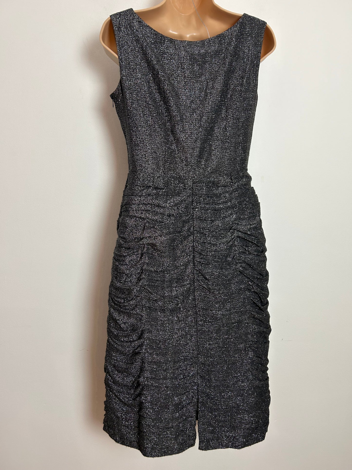 Vintage 1960s UK Size 8 Black & Silver Glittery Lurex Ruched Detail Party Evening Cocktail Dress