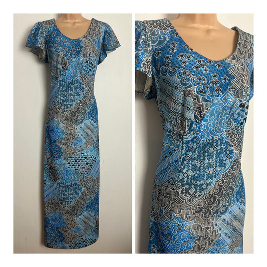 Vintage 1970s JARA COUTURE Size 14-16 Blue Black & Grey Abstract Floral Print Short Sleeve Maxi Dress