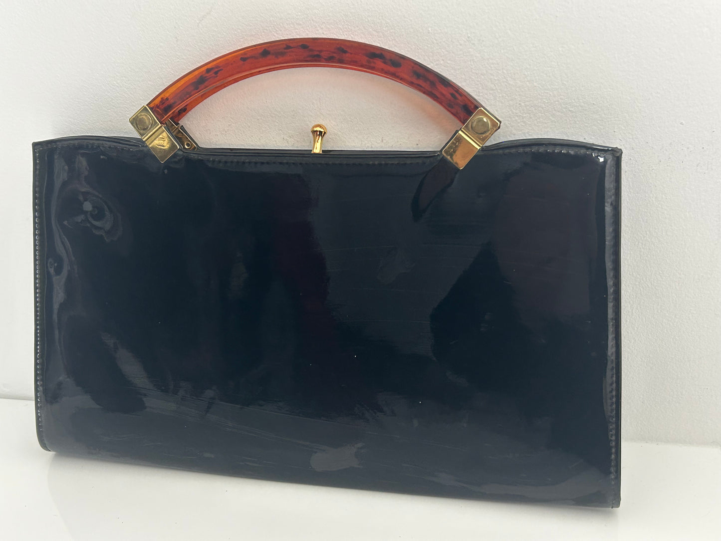 Vintage 1960s ESSELL Fabulous Black Patent Tortoiseshell Handles Oblong Handbag