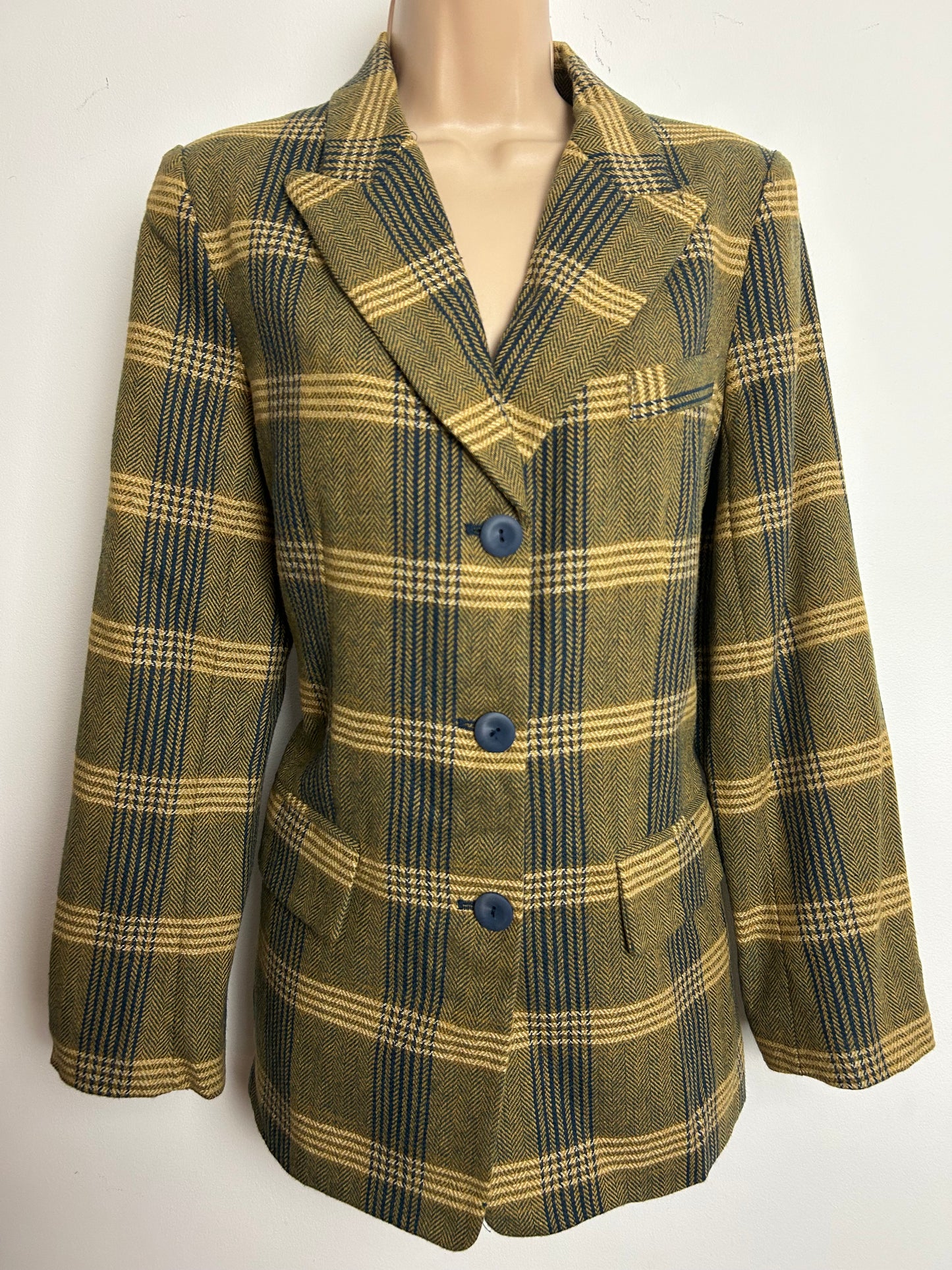 Vintage 1990s DANIEL RAINN Size S (10-12) Dark Beige & Navy Blue Check Print Wool Mix Blazer
