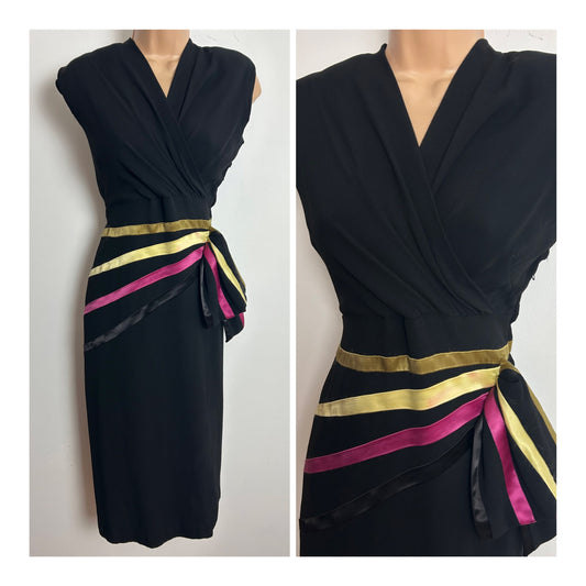 Vintage Late 1940s RARE ARTHUR BANKS Size 8-10 Black Rayon Satin Stripe Bow Detail Wiggle Party Dress