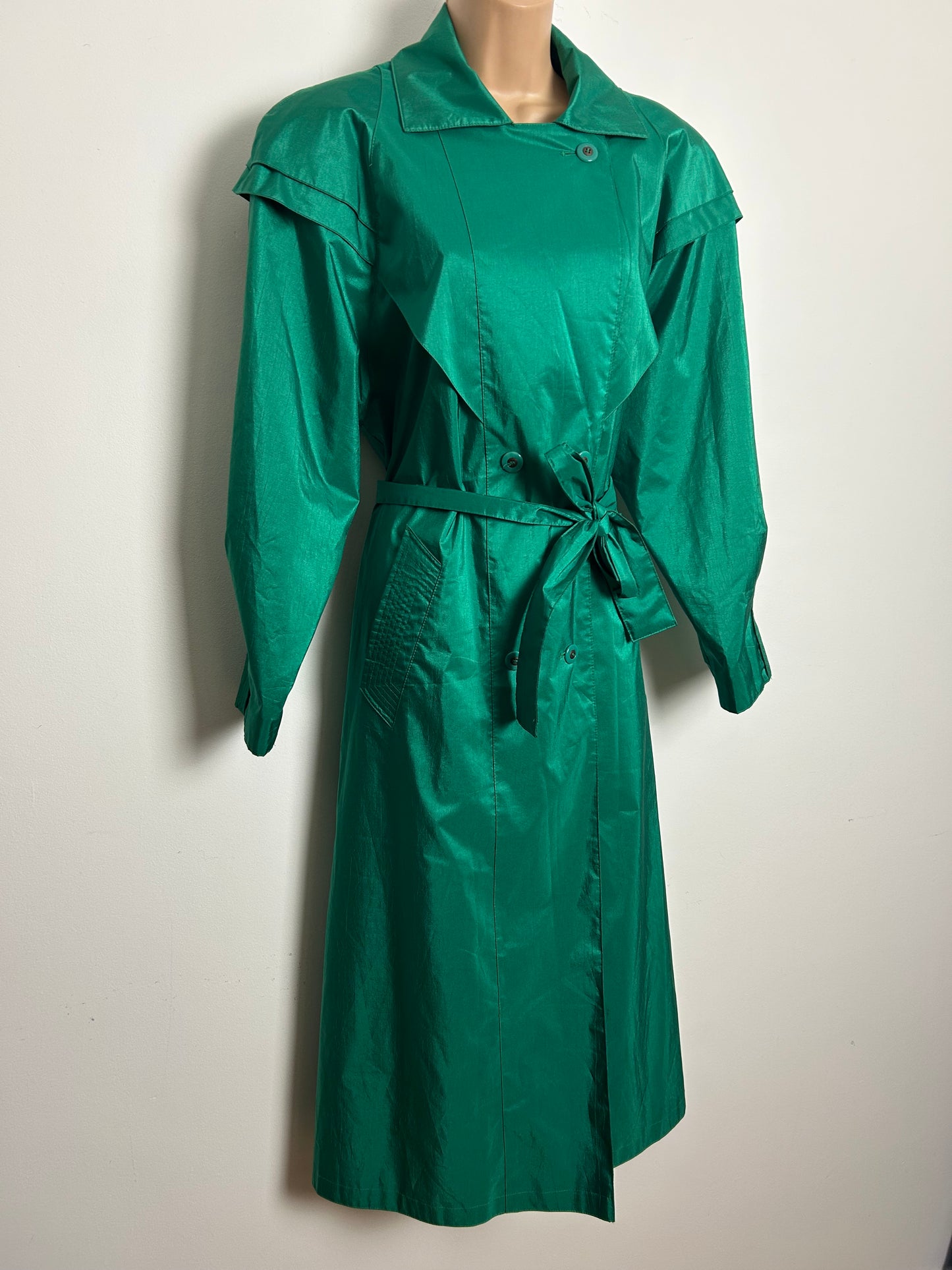 Vintage 1980s BRITISH MIST Size 12-14 Emerald Green Belted Trench Coat