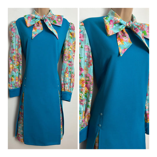 Vintage 1970s Size 12-14 Dark Turquoise Contrast Floral Print Pussy Bow Long Sleeve Mod Shift Dress