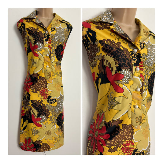 Vintage 1970s Size 14 Yellow Red & Brown Tones Bold Floral Print Sleeveless Mod Shift Dress