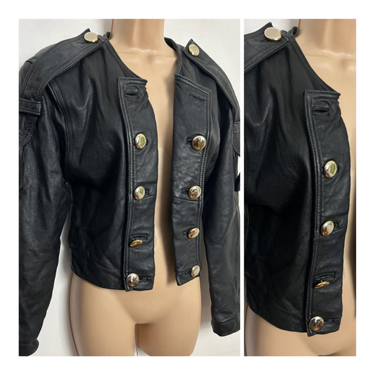 Vintage 1980s UK Size S (10) Black Military Style Open Fronted Button Detail Cropped Leather Jacket