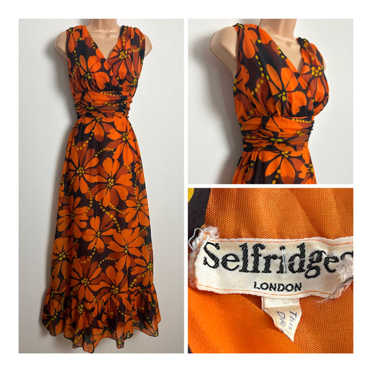 Vintage 1970s SELFRIDGES LONDON Size 10-12 Orange Black & Brown Floral Print Summer Maxi Dress