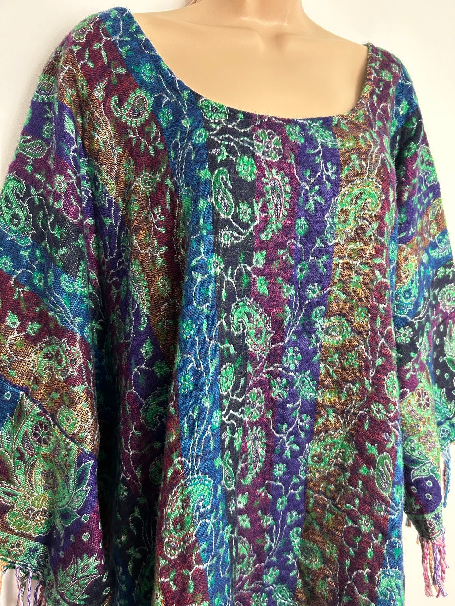 Vintage 80s 90s Gorgeous Indian Blue Green Red & Purple Floral Paisley Fringed Sleeve Poncho/Cape Style Top